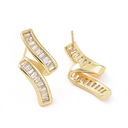 Clear Cubic Zirconia Twist Line Stud Earrings, Brass Jewelry for Women