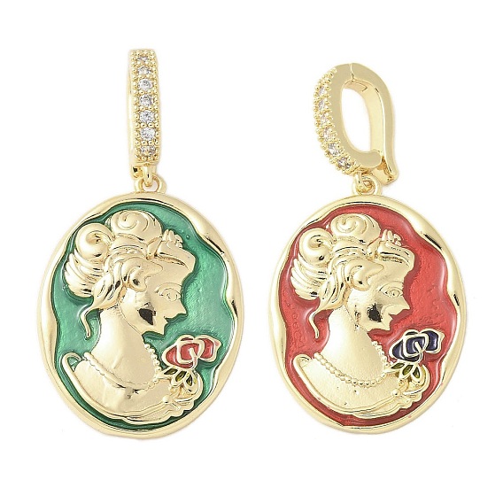 Латунь эмаль подвески, с застежкой из латунного микрофибриллита, овальная с рисунком для женщин