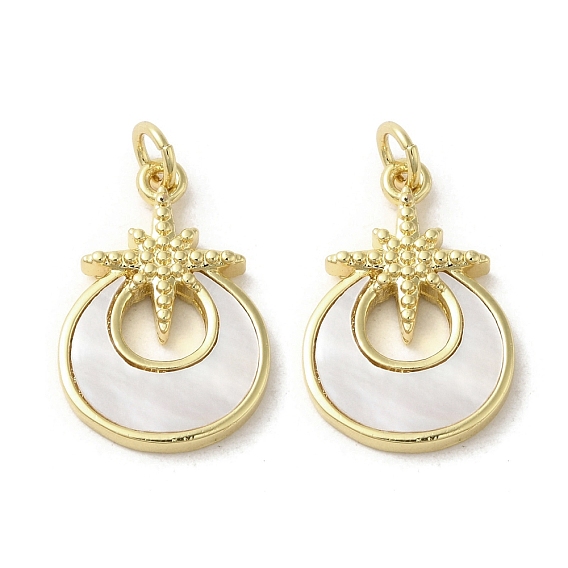 Brass Pave Shell Pendants, Flat Round with Star Charms