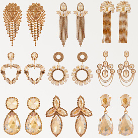 Vintage Champagne Geometric Tassel Crystal Earrings for Women with Personality and High-end Antique Gemstones