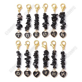 24 piezas 12 estilos de cuentas de chips de obsidiana natural colgante decoración, con los encantos del esmalte de la aleación, corazón con constelación