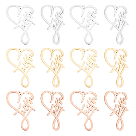 12Pcs 3 Colors 304 Stainless Steel Pendants, Heart with Word Faith