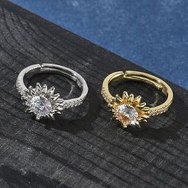 Женские кольца из латуни с цветком и прозрачными кубическими цирконами, долговечный, стойки покрытие, без свинца и без кадмия