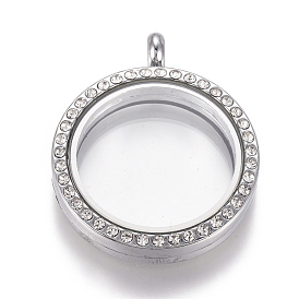 Flat Round Alloy Rhinestone Magnetic Locket Pendants, Photo Frame Living Memory Floating Charms, with Glass Cover