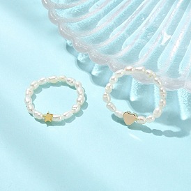 2шт. 2 стили кольца на палец с бусинами из натурального культивированного пресноводного жемчуга, сердце / звезда, с латунной бисера, регулируемые эластичные кольца, золотые