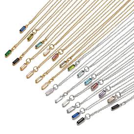 Rectangle Cubic Zirconia Pendant Necklaces, 304 Stainless Steel Cable Chain Necklace for Women