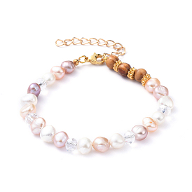 Beaded Bracelets, with Natural Pearl & Wood & Glass Beads, Alloy Spacer Beads, Iron Chain Extender and 304 Stainless Steel Lobster Claw Clasps