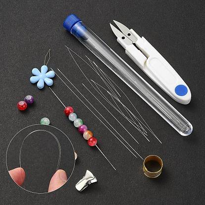 High Carbon Steel Big Eye Beading Needle, with Sewing Scissors, Steel Beading Needles Tape Measure, Bulldog Clip and Iron Sewing Thimbles