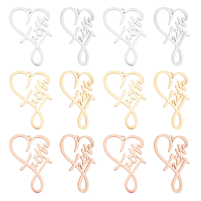 12Pcs 3 Colors 304 Stainless Steel Pendants, Heart with Word Faith