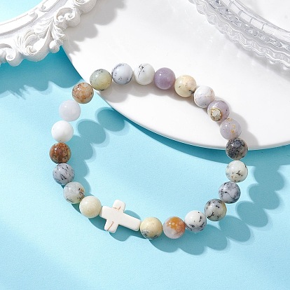 Эластичные браслеты из натурального африканского опала и синтетической бирюзы для женщин и мужчин., круглый и крест