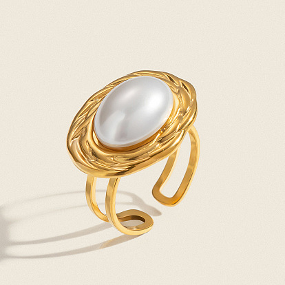 304 Stainless Steel Cuff Open Rings for Women, Oval, with Imitation Pearl