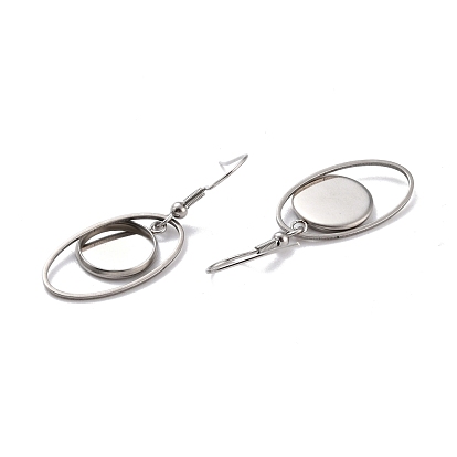 201 Stainless Steel Earring Hooks, with Oval Blank Pendant Trays, Flat Round Setting for Cabochon