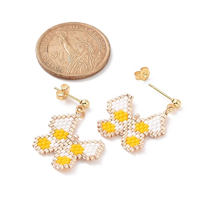 Glass Seed Braided Beaded Butterfly Dangle Stud Earrings, 304 Stainless Steel Jewelry for Women