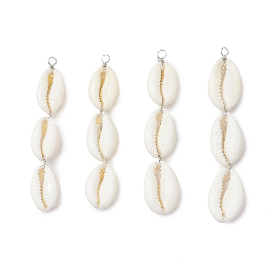 3 большие подвески из натурального бисера из ракушек каури, с петлями из медной проволоки, платина
