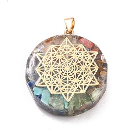 Transparent Resin Pendants, with Chip Gemstone Beads and Alloy Findings, Flat Round