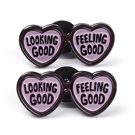 Alloy Enamel Brooches, Enamel Pin, with Plastic Clutches, Heart Spectacles with Word Looking Good Feeling Good, Electrophoresis Black