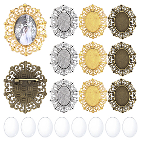 12шт. 3 цвета, оправа для броши из цинкового сплава, со стеклянными кабошонами , овальные