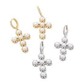 Cubic Zirconia Cross Dangle Hoop Earrings with ABS Plastic Imitation Pearl, Brass Jewelry for Women