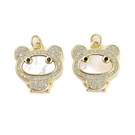 Brass Micro Pave Clear Cubic Zirconia Pendants, with Shell, Jump Ring, Bear