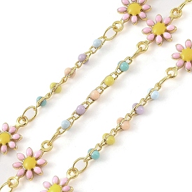Brass Daisy Flower Link Chains, with Enamel Beaded, Real 18K Gold Plated, Soldered, with Spools, Long-Lasting Plated, Cadmium Free & Lead Free