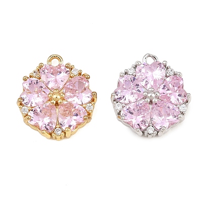 Brass Pave Pink Cubic Zirconia Pendants, Flower with Heart Charms, Rack Plating, Long-Lasting Plated, Lead Free & Cadmium Free