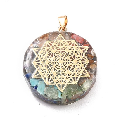 Transparent Resin Pendants, with Chip Gemstone Beads and Alloy Findings, Flat Round