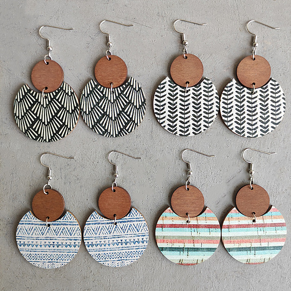 Деревянные серьги с подвесками в богемном стиле, плоские круглые с рисунком, платина