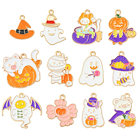 60шт 12 стили подвески из сплава эмали цвета светлого золота, без кадмия и без свинца, Хэллоуин, мумия и призрак и кот с тыквой
