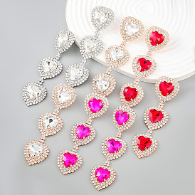 Sparkling Multi-layered Heart-shaped Earrings with Claw-set Diamonds for Women's Evening Party Jewelry