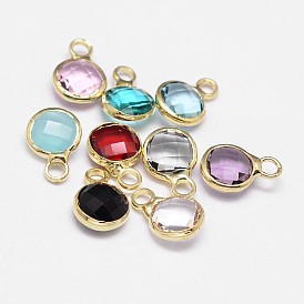Glass Flat Round Charm, with Golden Plated Brass Findings, Faceted, 9x6x3mm, Hole: 2mm
