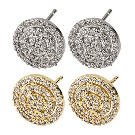 Латунные плоские круглые серьги-гвоздики с микропаве из прозрачных кубических цирконий, долговечный, стойки покрытие, без свинца и без кадмия