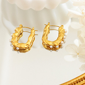 Chic Pearl Lace U-shaped Geometric Titanium Steel Earrings for Women