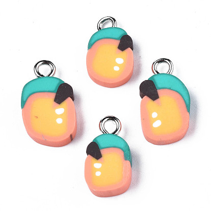 Handmade Polymer Clay Charms, with Platinum Tone Iron Loop, Imitation Fruit, Orange