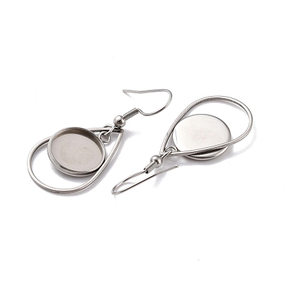 201 Stainless Steel Earring Hooks, with Teardrop Blank Pendant Trays, Flat Round Setting for Cabochon