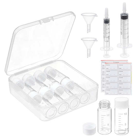 10шт. трубочек со стеклянными бусинами, с 2шт. 2 стилями пластиковых дозаторов для жидкостей с тупыми иглами, 2шт. пластиковый бункер-воронка и 2 листы самоклеящихся бумажных наклеек