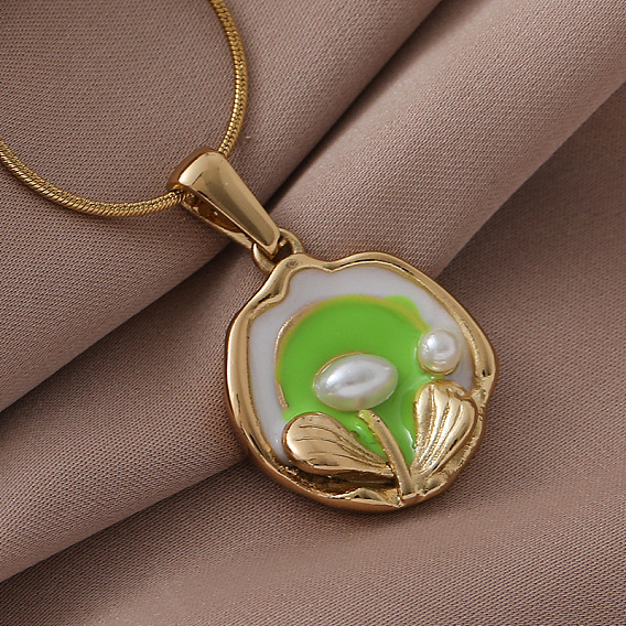 304 Женские ожерелья с подвесками в виде цветов из эмали из нержавеющей стали и искусственного жемчуга, золотые