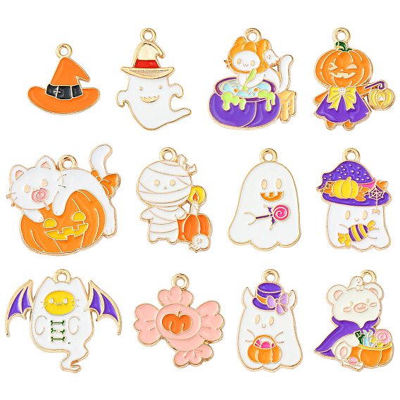 60шт 12 стили подвески из сплава эмали цвета светлого золота, без кадмия и без свинца, Хэллоуин, мумия и призрак и кот с тыквой