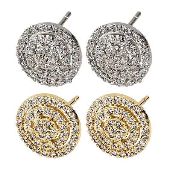 Латунные плоские круглые серьги-гвоздики с микропаве из прозрачных кубических цирконий, долговечный, стойки покрытие, без свинца и без кадмия