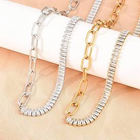 304 Цепочка из нержавеющей стали с прозрачными кубическими циркониями, цепочка-скрепка, ожерелье с застежками., ионное покрытие (ip)
