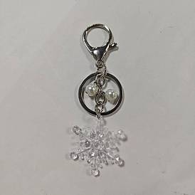 Llavero de perla de vidrio y acrílico, Con cierre de aleación y anillos., copo de nieve