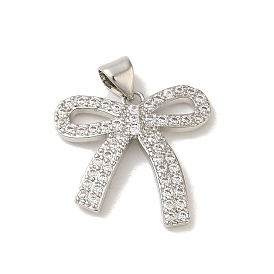 Rack Plating Brass Micro Pave Clear Cubic Zirconia Pendants, Long-Lasting, Lead Free & Cadmium Free, Bowknot