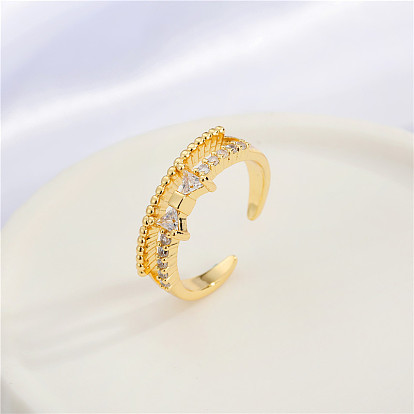 Geometric Gold Ring with Hollow-out Design and Diamond Inlay Chain Wrap