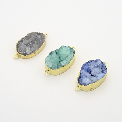 Electroplated Golden Brass Natural Druzy Agate Oval Links Connectors, Dyed, 35~36x19x7~12mm, Hole: 1.5mm