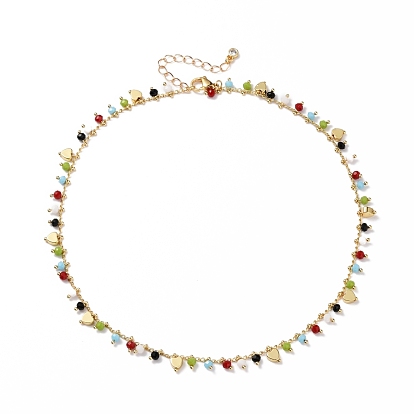 Pendant Necklaces, with Brass Heart Beads, Faceted Glass Beads and 304 Stainless Steel Lobster Claw Clasps, Colorful