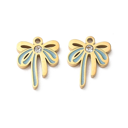 304 Stainless Steel Enamel Pendants, Bowknot Charms, with Rhinestone