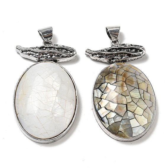 Natural Shell Big Pendants, Antique Silver Plated Alloy Oval Charms