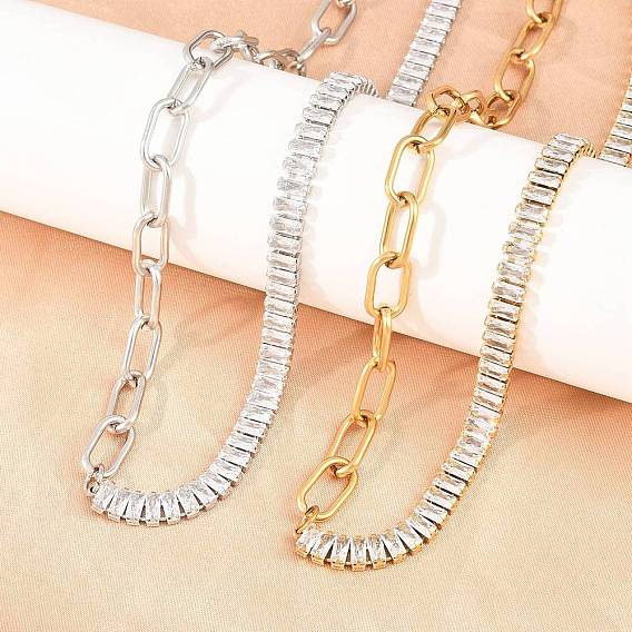 304 Цепочка из нержавеющей стали с прозрачными кубическими циркониями, цепочка-скрепка, ожерелье с застежками., ионное покрытие (ip)