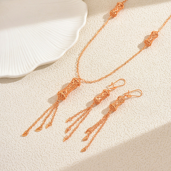 Комплекты из винтажных латунных серег и ожерелий с полыми колоннами и кисточками для женщин