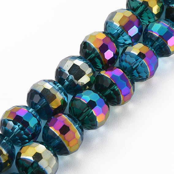 Electroplate Transparent Glass Beads Strands, Rainbow Color Plated, Faceted, Round