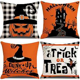 Halloween Theme Linen Pillow Covers, Pumpkin/Castle/Witch Hat Pattern Cushion Cover, for Couch Sofa Bed, Square